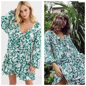 Free People Rebecka Floral Ruffled Mini Dress Size Medium Emerald Green thumbnail 2
