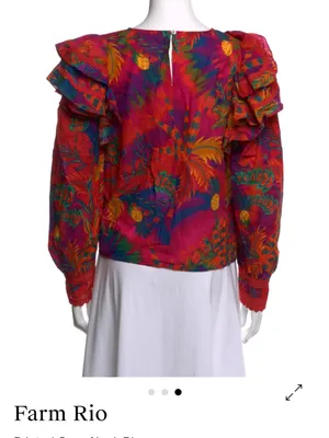 FARM Rio Red Pink Orange Floral Ruffled Puff-Sleeve Blouse thumbnail 3