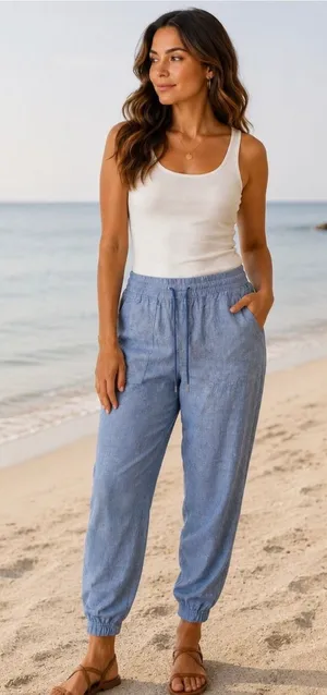 Athleta Retreat Linen Pant Blue Heathered Jogger Drawstring Tapered Leg NEW thumbnail 1