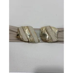 Vintage 1987 Leather‎ Shop Taupe Leather Waist Belt Gold Sculptural Buckle 34in thumbnail 4