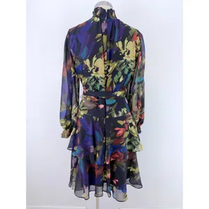 Alex Marie Floral Chiffon Smocked Mock Neck Sheer Sleeve Dress Navy 8 thumbnail 3