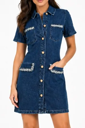 Avec Les Filles - Collared Button-Front Mini Denim‎ Dress thumbnail 1