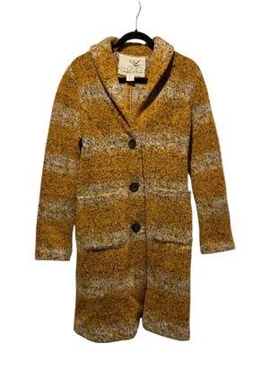 Anthropologie Tabitha Wool-Blend Longline Coat – Mustard & Grey Stripe, Size S thumbnail 1