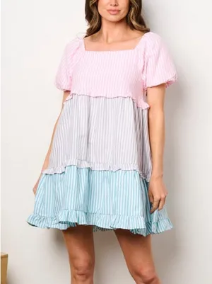 BiBi Cute Pink Pastel Stripe Ruffle Tier Puff Sleeve Babydoll Summer Dress Sz XL thumbnail 4