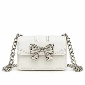 White Mini Bow Bag with Silver Chain Strap thumbnail 2