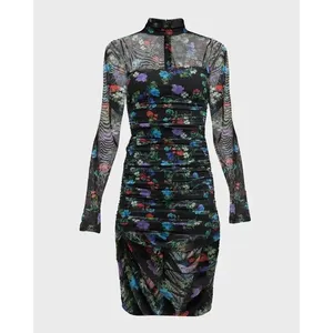 Alice + Olivia Delora Floral Black Mesh Ruched Turtleneck Dress Size 4 Romantic‎ thumbnail 15