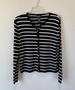 Ralph Lauren Silk Blend Navy & White Coastal Cardigan size large thumbnail 1