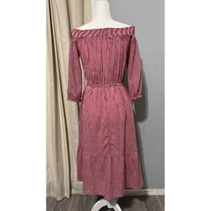 Old Navy Cotton Blend Dress S Red Gingham Smocked Off Shoulder Tiered Midi Dress thumbnail 5