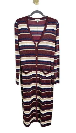 NEW L'AGENCE Multi Striped Lurex Long Duster Cardigan Glitter Brown Cream XS thumbnail 1