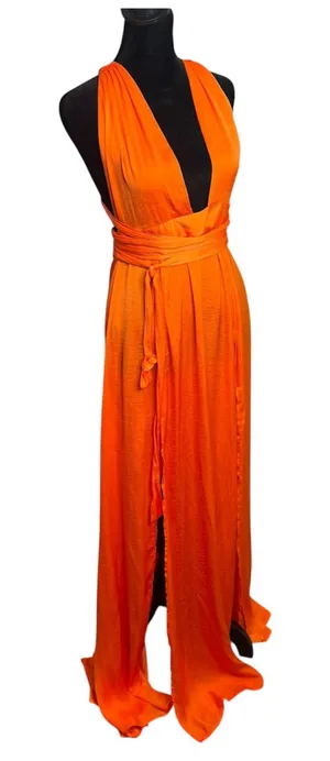 Hello Molly Thigh High Split Maxi Dress Womens 8 Orange Plunging Neckline thumbnail 1