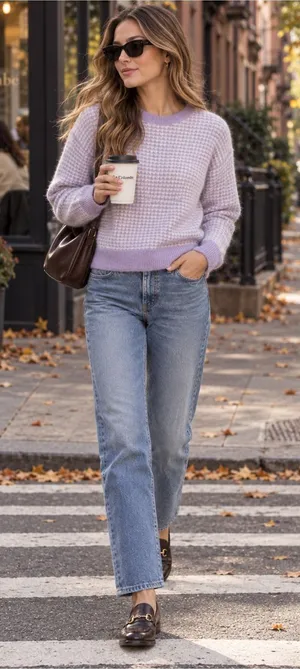 LOFT Lilac Waffle Knit Sweater with Soft Trim thumbnail 1