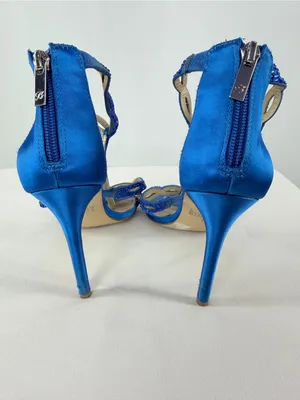 Belle Badgley Mischka Cobalt Blue Beaded Satin T-Strap Heels‎ Size 7 thumbnail 6