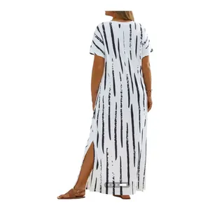 Noracora Abstract Stripe Maxi Dress Medium V-Neck Side Slit Black White‎ NWT thumbnail 3