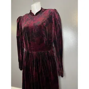 Vintage Origin Dress Womens 12 Red Floral Velvet Mock Neck Puff Sleeve Maxi thumbnail 6