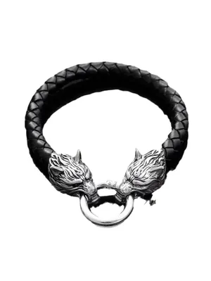 Viking Wolf Head Leather Bracelet 6 inches Black thumbnail 4