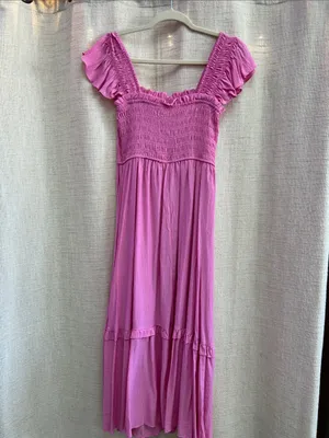 Mock Button Down Smocked Ruffle Detail Midi Dress Pink thumbnail 10