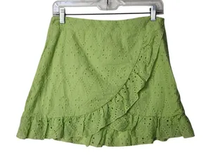 Francesca's HYFVE Lime Green Ruffle Trim Embroidered Eyelet Floral Wrap Skirt M thumbnail 1