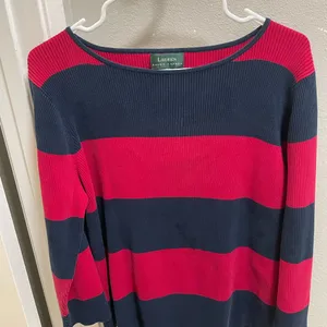Vintage Lauren Ralph Lauren Red and Blue Striped Crew Neck Jumper Size 2XL thumbnail 1