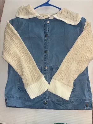 Ruby Rd Brand Blue Stretch Denim With Knit Sleeves And Collar Button Closure thumbnail 4