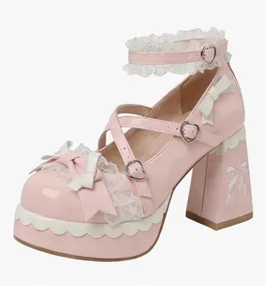 Lolita Platform Mary Jane Pink White Lace Bow Chunky Heel Kawaii Shoes EU 39 thumbnail 1