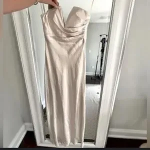 So Long Midi Dress Champagne strapless satin Hello Molly M formal spring wedding thumbnail 2