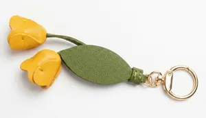 Leather Yellow Tulip Bag Charm Keychain - Floral Purse Accessory & Key Ring thumbnail 1