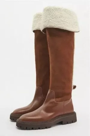 Zara Brown Cognac Chestnut Leather Suede Shearling Over the Knee High Tall Boots thumbnail 1