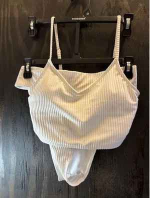 Forever 21 White Ribbed Bikini Set V-Neck‎ Top High Cut Bottoms Medium thumbnail 1