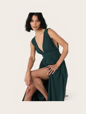 Lulu's Forest Green V-Neck Maxi Dress with High Slit thumbnail 3