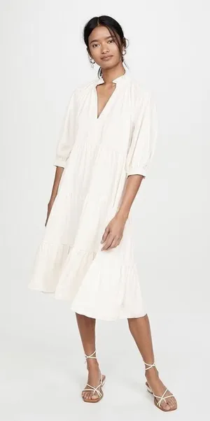 Amanda Uprichard Saffron Dress 3/4 Sleeve Ruffle Tiered Midi white xs‎ thumbnail 1