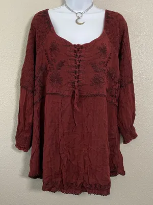 Red Peasant Blouse XL Whimsigoth Witchy Renaissance Faire Lace Up Embroidered thumbnail 1