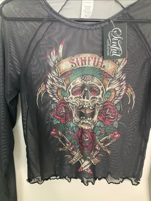 SinfulBlack Sheer Long Sleeve Crop Top with Red Rose & Gold Skull Graphic thumbnail 2
