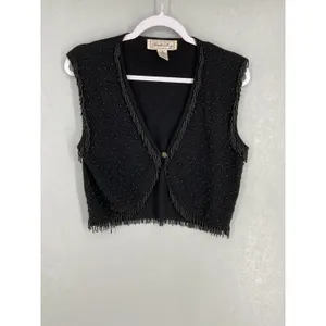 Private Party Women Vest Black Beaded Fringe Angora Lambswool Blend Medium thumbnail 2