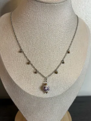 Handmade Purple Floral Porcelain Charm Necklace | Waterproof & Tarnish Resistant thumbnail 1