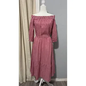 Old Navy Cotton Blend Dress S Red Gingham Smocked Off Shoulder Tiered Midi Dress thumbnail 3