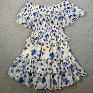 MISA Los Angeles Size Small Blue Floral Smocked Off-Shoulder Mini Dress Ruffle thumbnail 10
