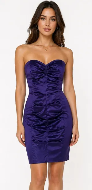 Vintage 1990s Cache Purple Satin Ruched Strapless Mini Dress XS thumbnail 1