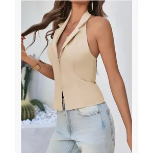 NEW Halter Blazer Vest Deep V Neck Zip Up Backless Smocked Waist M thumbnail 6