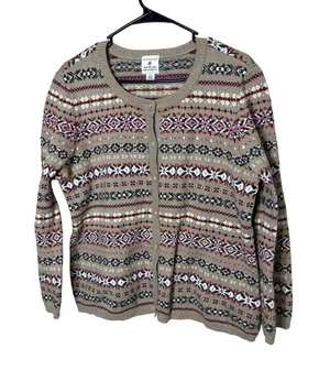 Vintage‎ Appleseeds Wool Blend PL Tan Multi Fair Isle Pattern Cardigan Sweater thumbnail 1