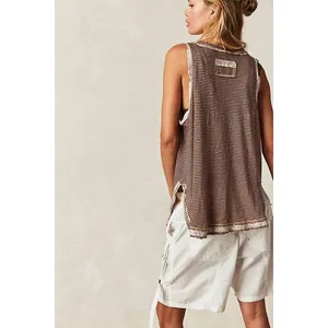 Free People Tank Top Striped Henley Medium Brown Linen Blend Boho Sleeveless thumbnail 2