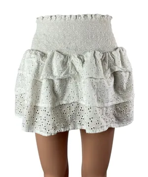 Lolli White Smocked Embroidered Eyelet Tiered Ruffle High Waist Mini Skirt Sz M thumbnail 1