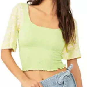 Free People Green Floral Marigold Smocked Cropped‎ Top thumbnail 1