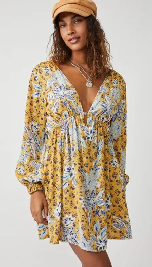 Free People NWT Soli Golden Hour Combo Yellow V-Neck Long Sleeve Mini Dress thumbnail 1