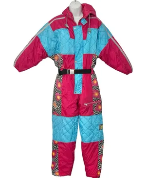 Vintage 90s Blue Pink Checkerboard Hooded Ski Suit One Piece Size S *GOOD* thumbnail 1