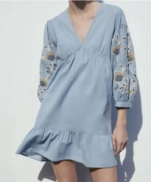 Zara Floral Embroidered Cotton Linen Dress Women’s Size S thumbnail 1