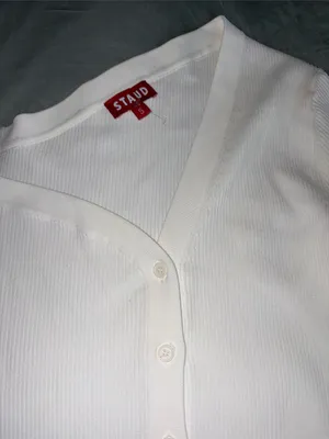 STAUD White Ribbed V-Neck Button-Up Cardigan thumbnail 2