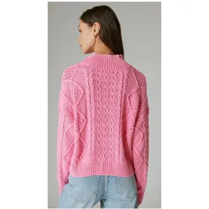 Lucky Brand Women Cotton Sweater Small Pink Cable Knit Quarter Zip Pullover thumbnail 3