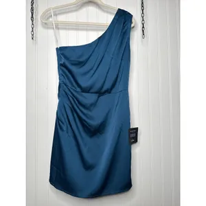 NWT Lulus Love Me Tonight Navy Blue Satin One-Shoulder Mini Dress Party Size M thumbnail 2