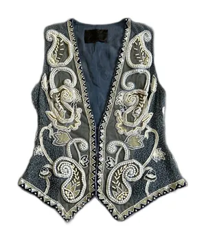 Ella Singh Vest Womens Large Beaded Sequins Silk Festival Boho Blue Cream Heavy thumbnail 1