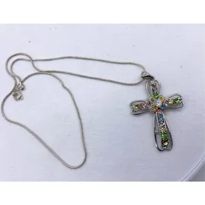 colorful rhinestone cross pendant necklace brushed antique silver thumbnail 6